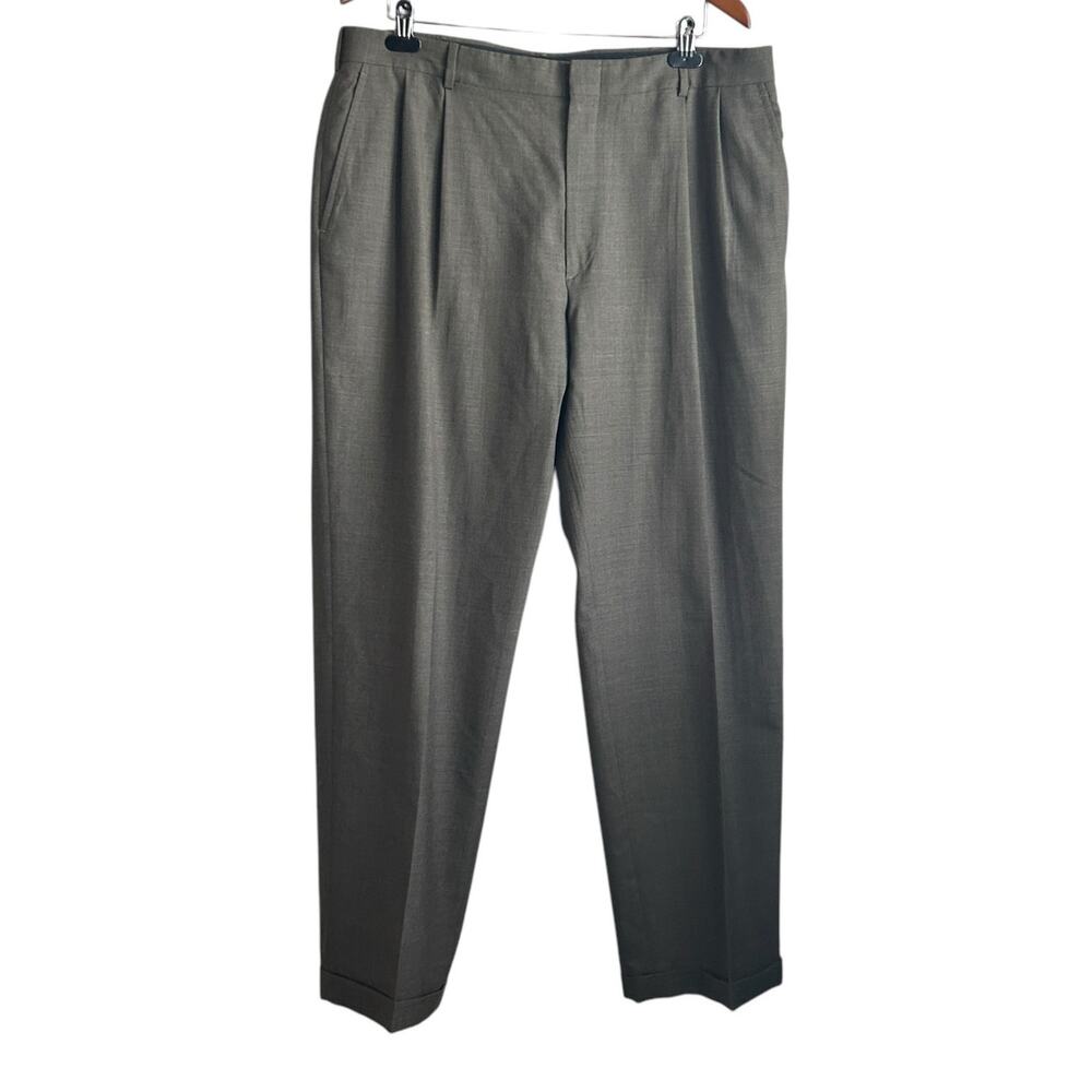 Lands End Mens Wool Pants 38 Brown Straight Cuffed Leg Pleated Business Office